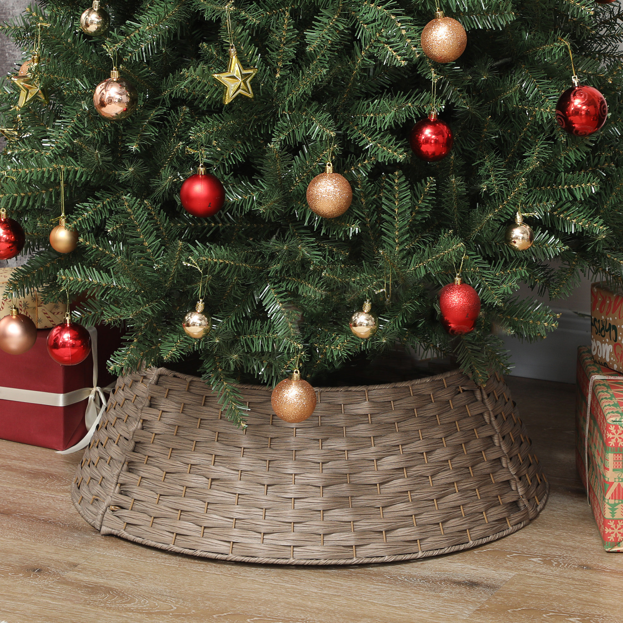 Falda para Árbol de Navidad Rústico, Diseño Tejido, Cubre Pie para Árbol de Navidad Desmontable para Fiestas, Decoración Navideña, Ø68x22 cm, Café