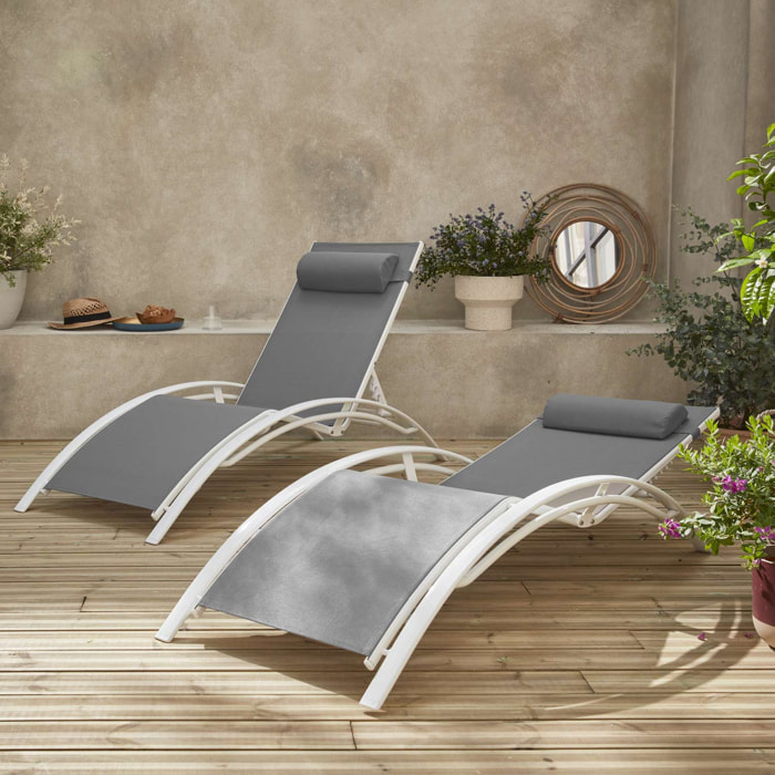 Duo de bains de soleil aluminium - Louisa Gris blanc - Transats aluminium et textilène