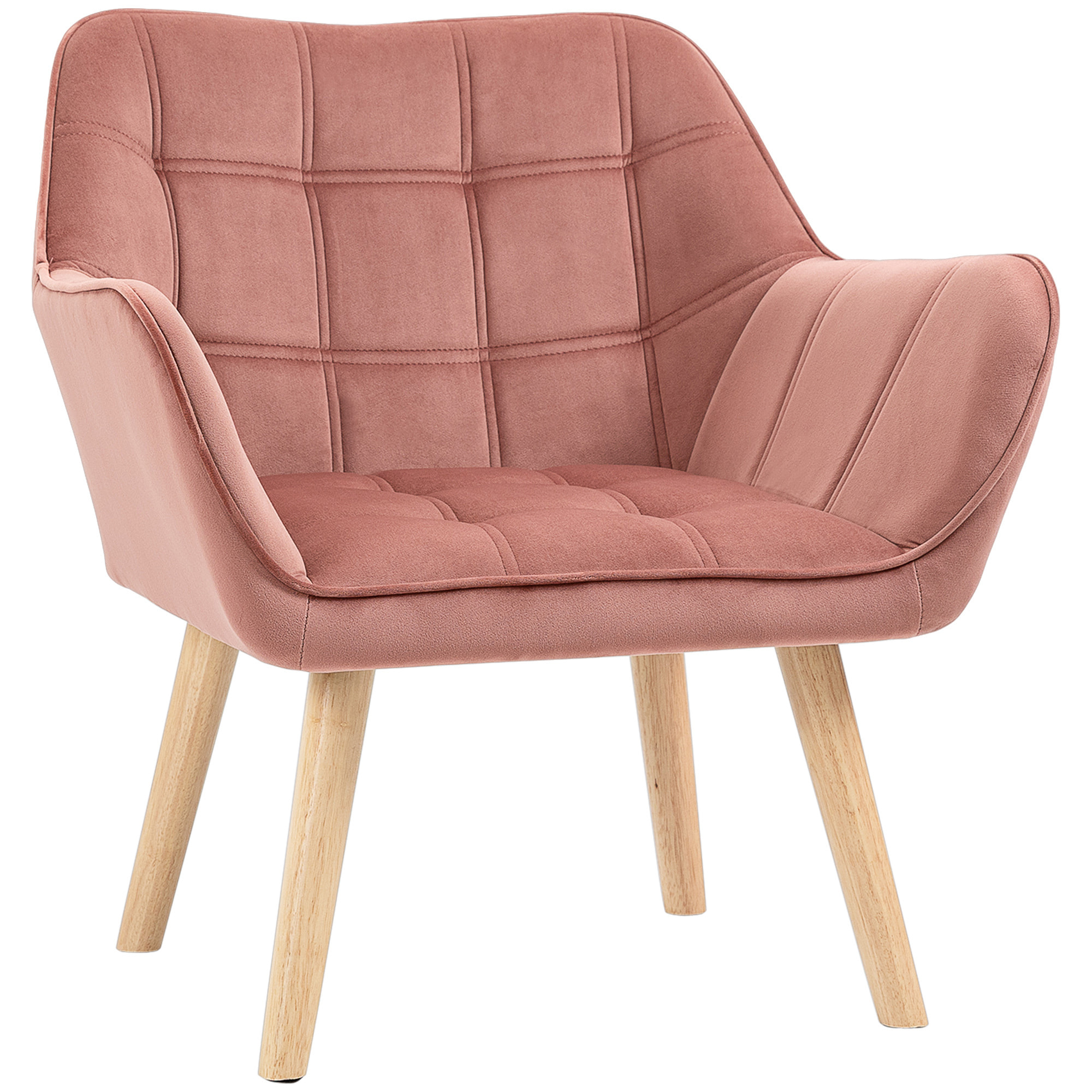 Butaca de Salón Moderna, Sillón Lectura Tapizado en Terciopelo con Asiento Ancho, Patas de Madera, Fácil Montaje, Sillón Relax para Sala de Estar, Dormitorio y Balcón, Rosa