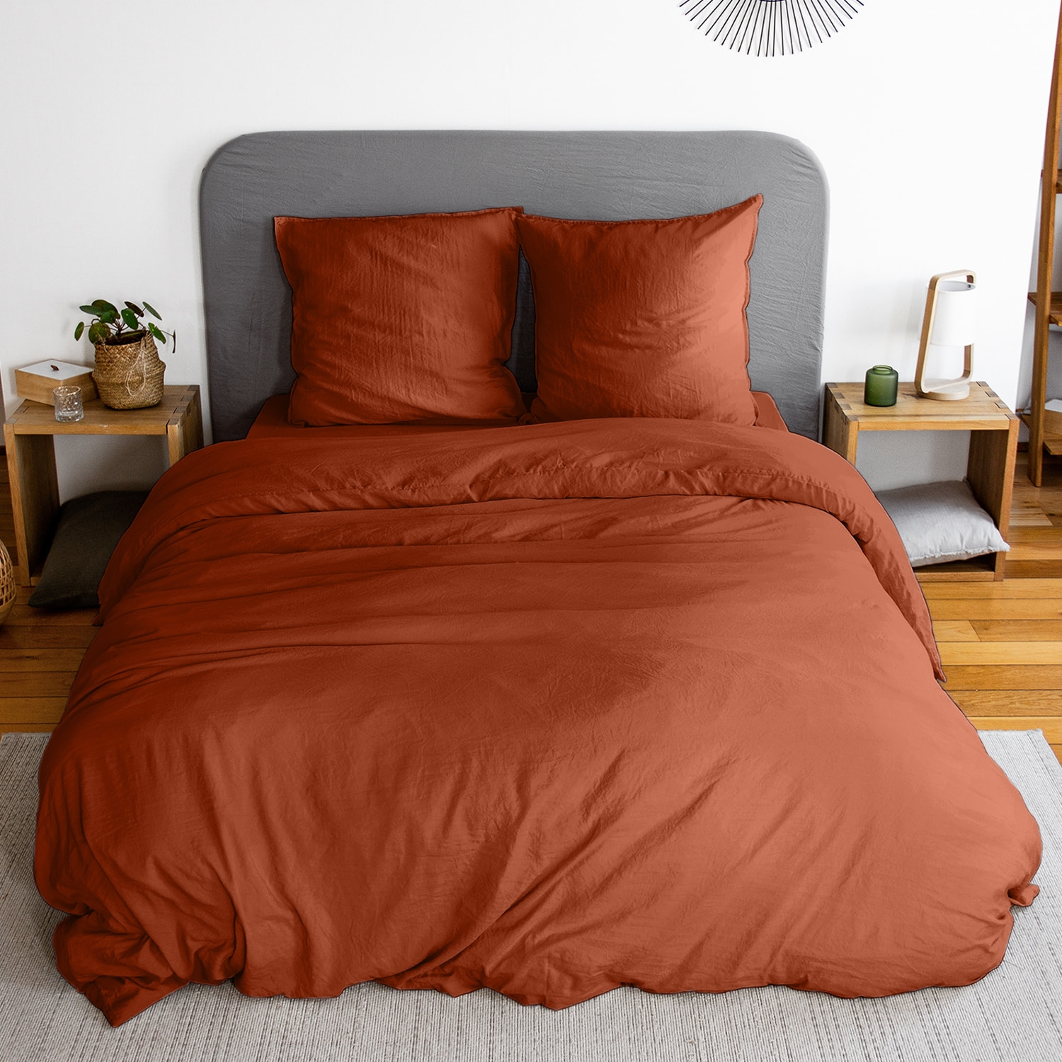 Parure de lit microfibre lavée 2 places terracotta LUNA