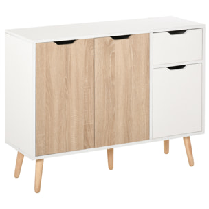 Buffet design scandinave 2 placards tiroir coulissant pieds bois massif pin panneaux particules blanc chêne clair