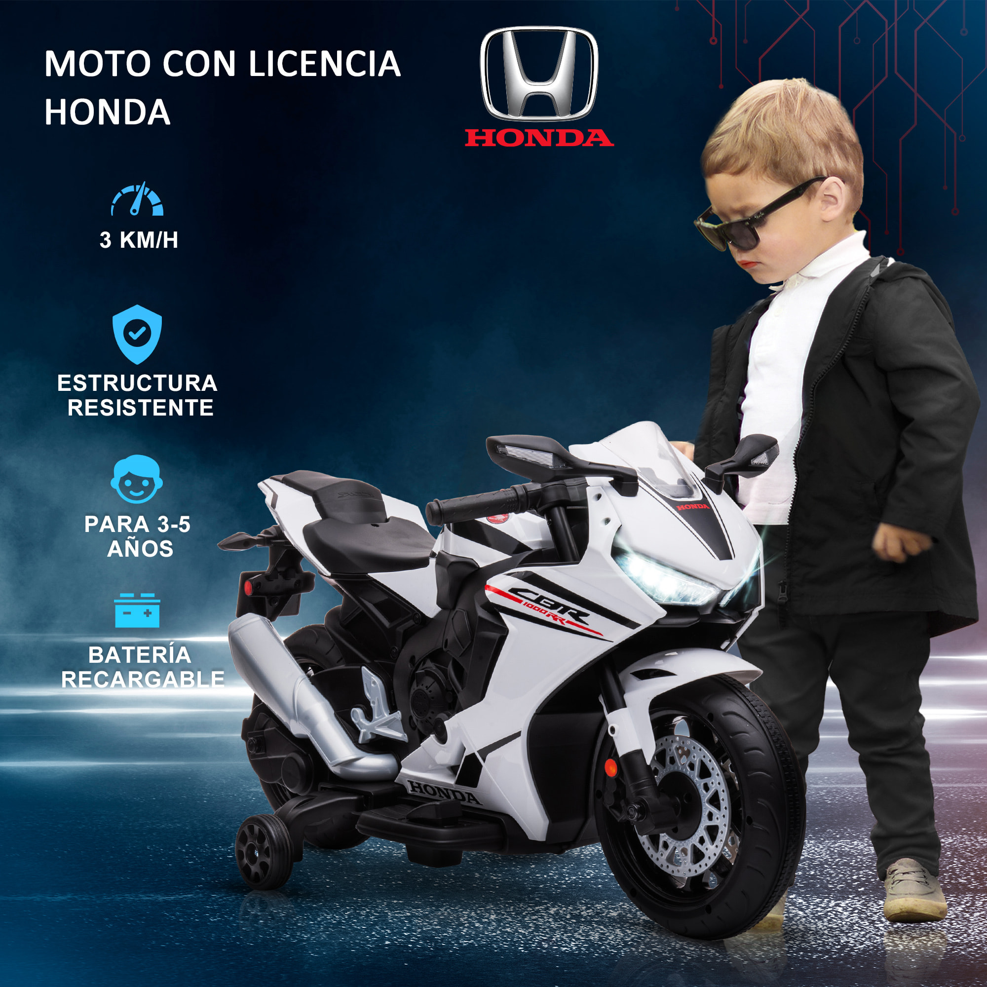 Moto Eléctrica con Licencia HONDA para Niños de 3-5 Años Moto a Batería 6V con Faro Bocina Música y Ruedas Auxiliares Extraíbles Carga 30 kg 90x44x52 cm Blanco