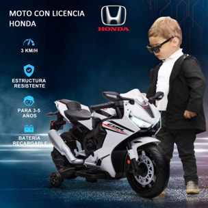 Moto Eléctrica con Licencia HONDA para Niños de 3-5 Años Moto a Batería 6V con Faro Bocina Música y Ruedas Auxiliares Extraíbles Carga 30 kg 90x44x52 cm Blanco