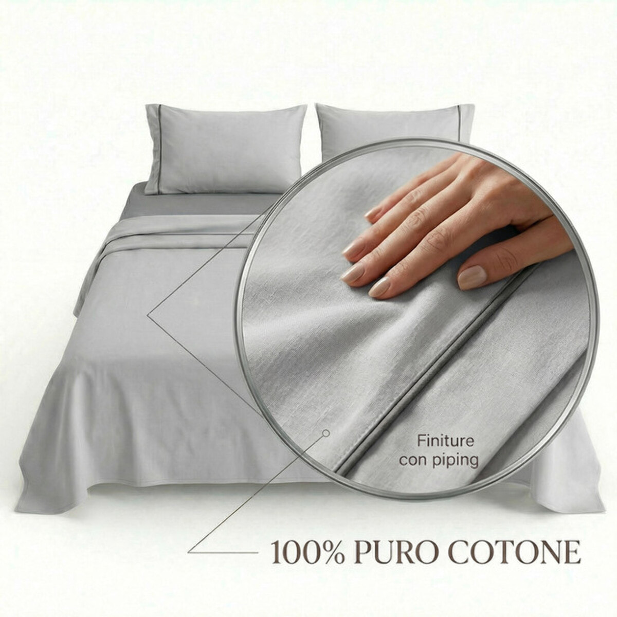 Completo lenzuola una piazza e mezza in cotone bicolore morbido e traspirante, set letto con lenzuolo sopra, sotto con angoli e federa, design con piping a contrasto elegante, tessuto leggero e resistente 116 gsm, certificato OEKO-TEX, comfort quotidiano