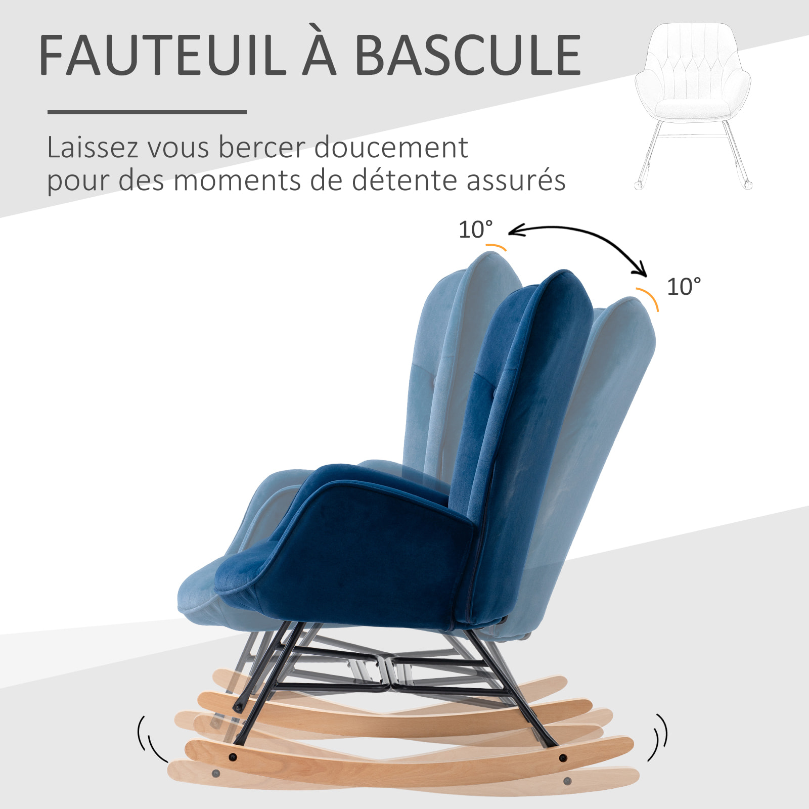 Fauteuil à bascule oreilles rocking chair grand confort accoudoirs assise dossier garnissage mousse haute densité aspect velours bleu