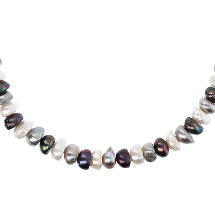 PERLAVIVA - Collana Girocollo in Argento 925 placcato Rodio con Perle a Rondella Grigie Ø 10/10.5 mm