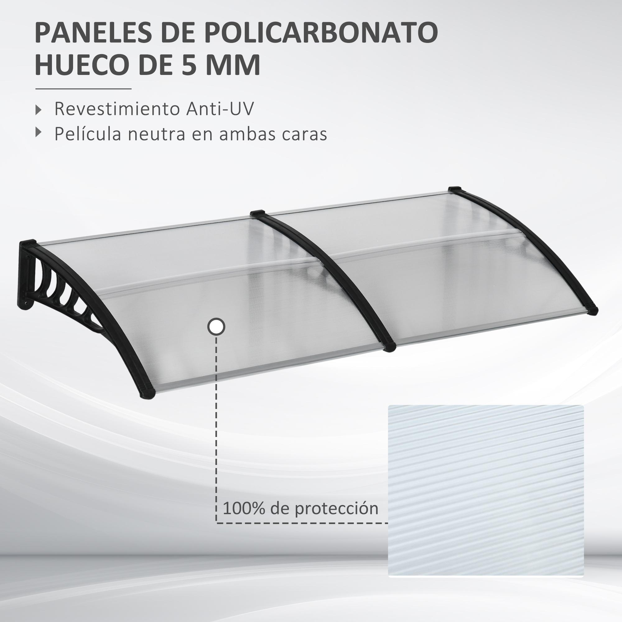 Tejadillo de Protección 200x96x27 cm Marquesina Exterior para Puertas y Ventanas contra Sol y Lluvia con Soporte de PP Policarbonato Transparente