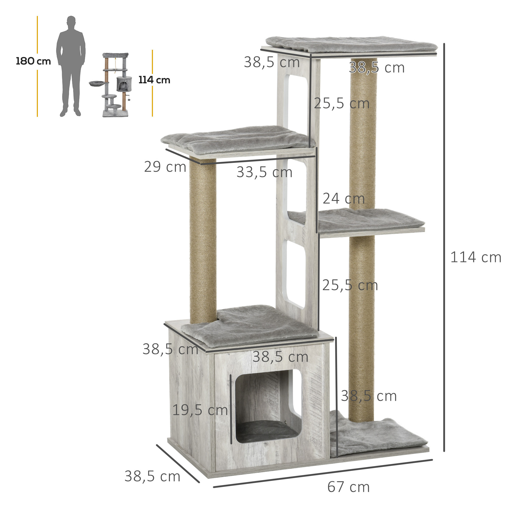 árbol Rascador para Gatos 67x38,5x114 cm Torre de Escalada de Gatos con Cueva de Madera Múltiples Plataformas y Postes de Rascar de Yute Juego y Descanso Gris
