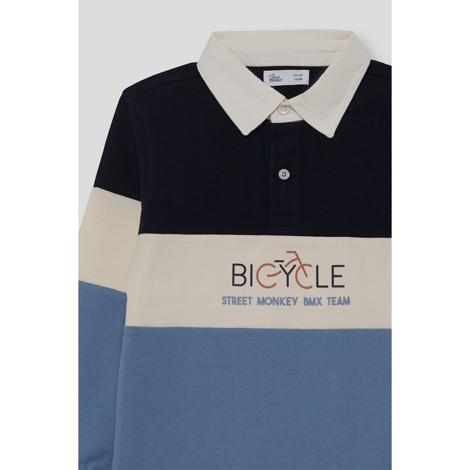Polo niño de manga larga marino, crudo y azul de franjas anchas, cuello camisero y bicicleta estampada | Color: Crudo | Street Monkey