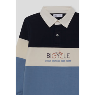 Polo niño de manga larga marino, crudo y azul de franjas anchas, cuello camisero y bicicleta estampada | Color: Crudo | Street Monkey