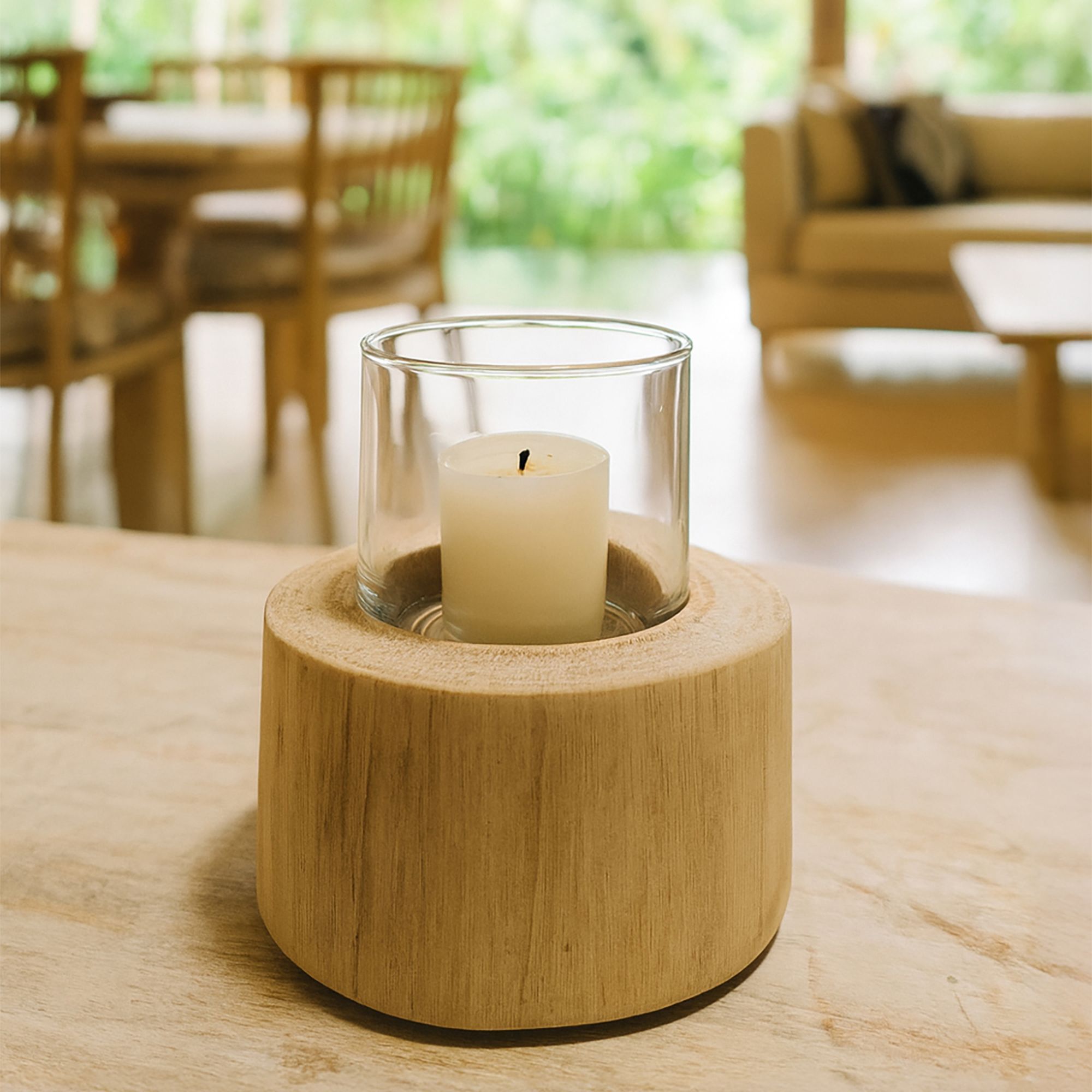 Photophore en verre avec base en teck