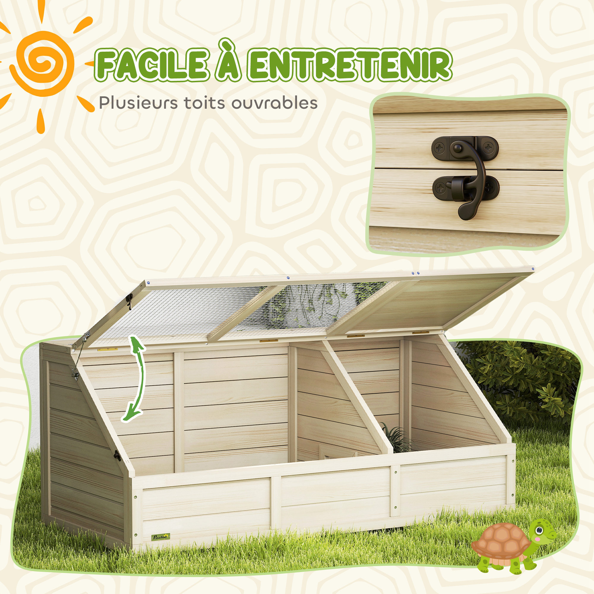 Maison enclos pour tortues - espace niche et enclos - porte haute verrouillable - bois naturel