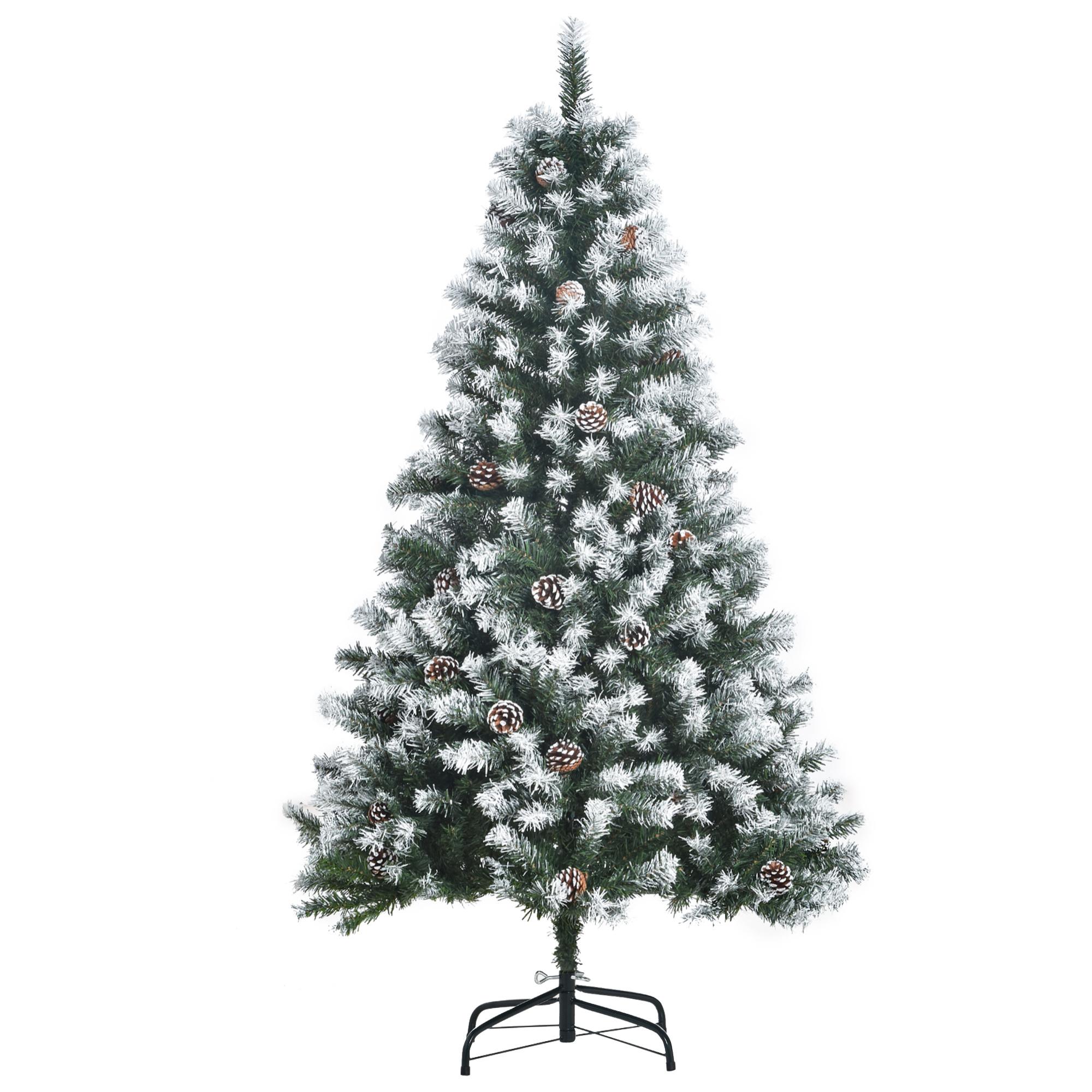 HOMCOM Árbol de Navidad Artificial 150 cm con Nieve Ignífugo con 676 Ramas 41 Piñas Hojas de PVC Apertura Automática Base Plegable y Soporte Metálico Decoración Navideña para Interiores Verde