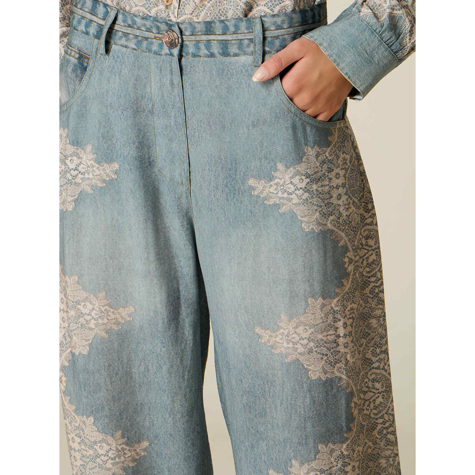 Oltre - Pantalones palazzo efecto denim con encaje - Light - blue