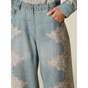 Oltre - Pantalones palazzo efecto denim con encaje - Light - blue