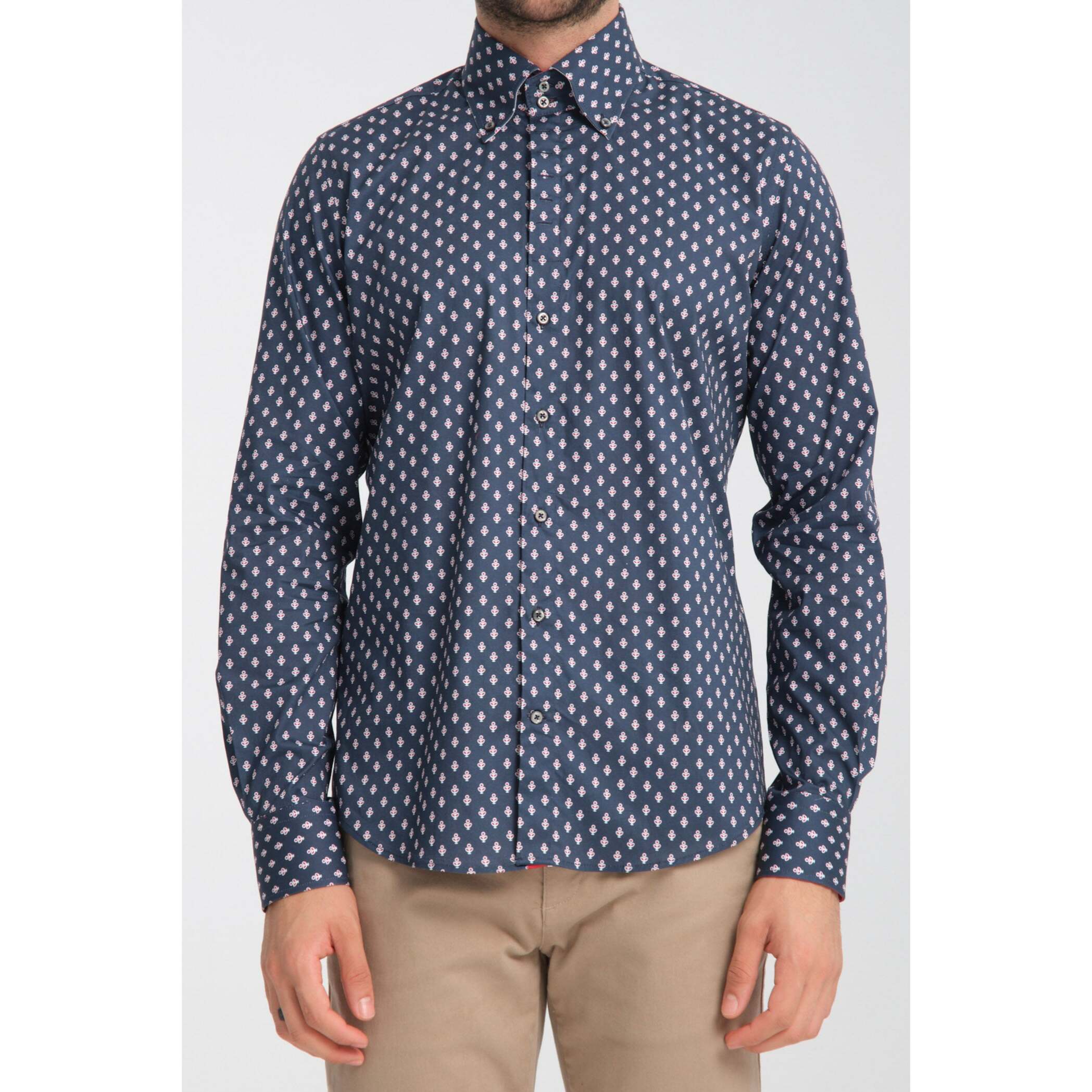 Camicia Uomo 2 Bottoni Button Down Slim Popeline Stretch Stampato Blu\Rosso