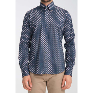 Camicia Uomo 2 Bottoni Button Down Slim Popeline Stretch Stampato Blu\Rosso