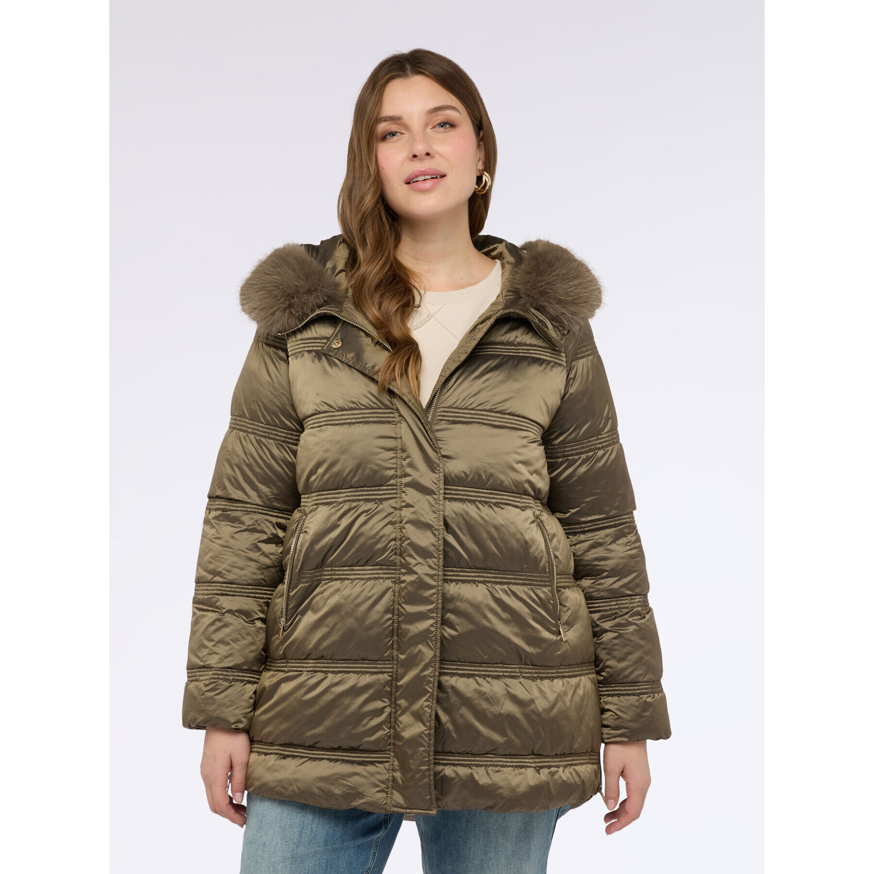 Fiorella Rubino - Piumino con cappuccio e bordatura peluches - Verde militare