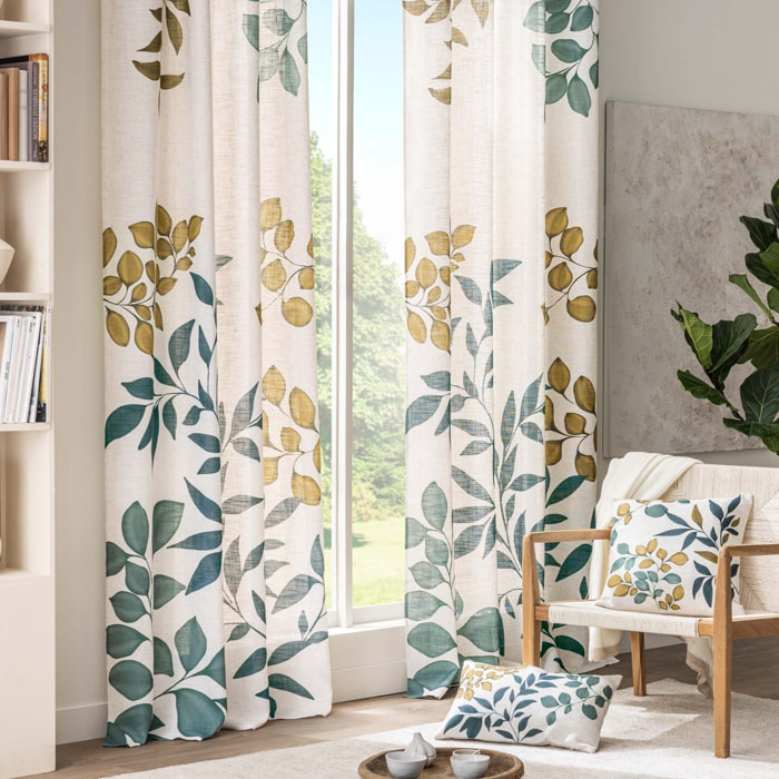 Rideau à œillets polylin imprimé feuillages tamisant - Naturel