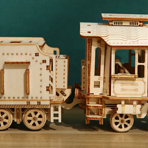 Maqueta de Madera 3D, diseño de trén de vapor con movimiento mecánico. 160 piezas.