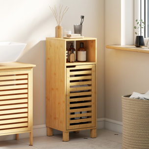 Armario de Baño de Bambú, Columna de Baño Estrecha con Estante Abierto, Puerta de Lamas, Estante Ajustable, 30x30x80 cm, Natural