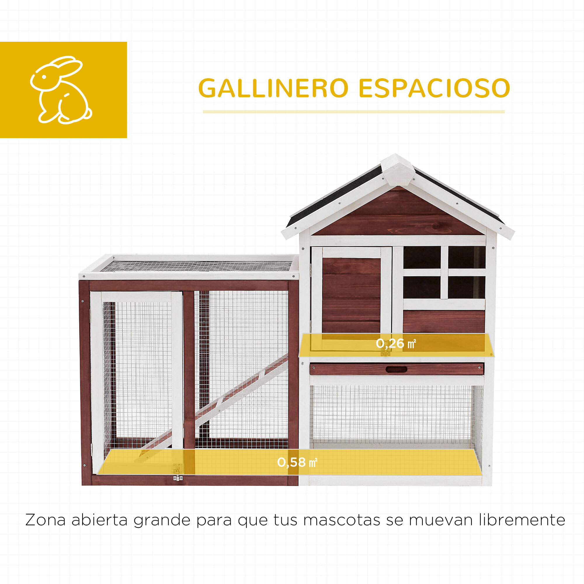 Conejera de Madera Exterior de 2 Niveles Jaula para Conejos Mascotas Pequeñas con Zona Abierta Techo Asfáltico Bandeja Extraíble y Rampa 122x62,6x92 cm Madera Rojiza