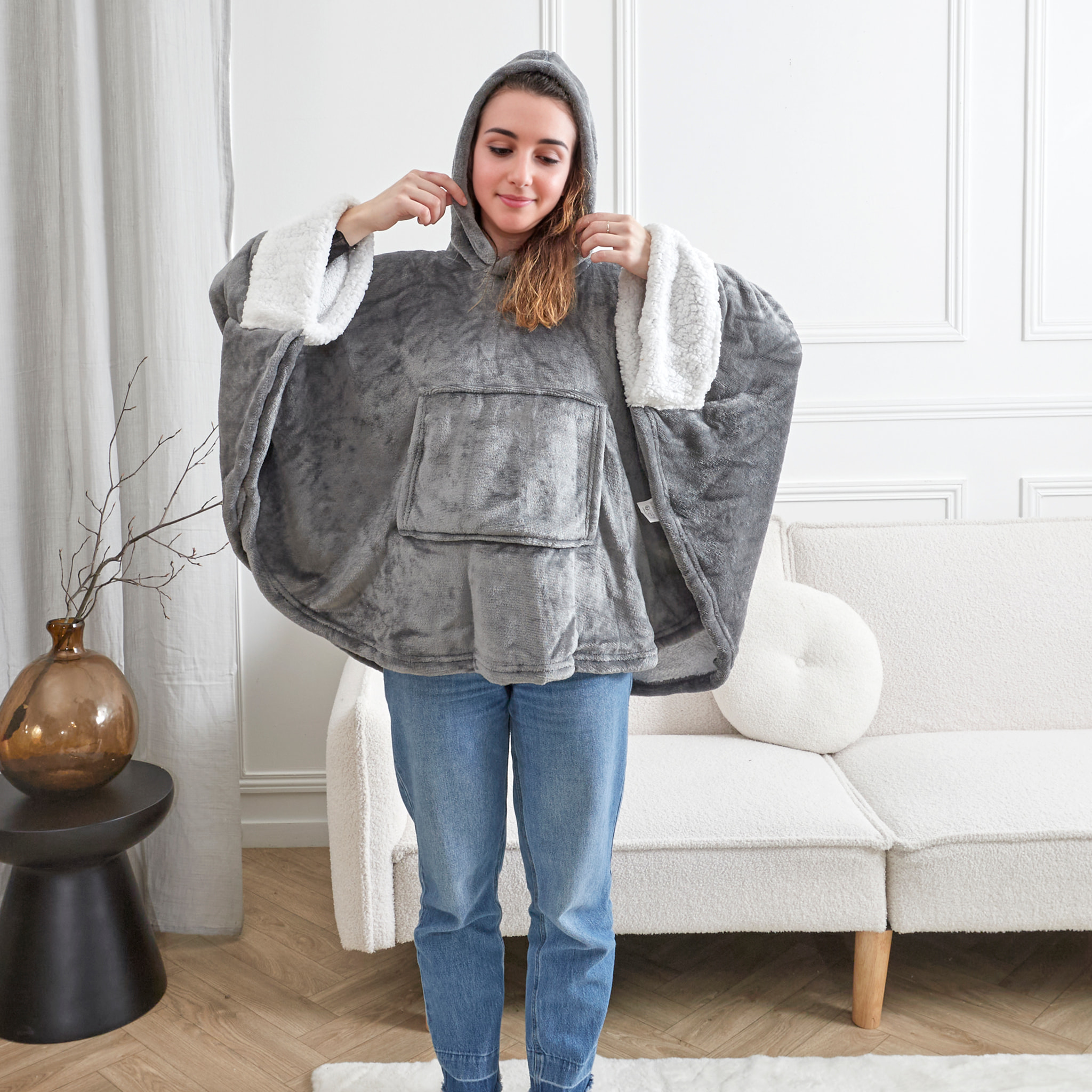 Poncho Plaid - HOME DECO FACTORY - Confortable - Doux - Gris