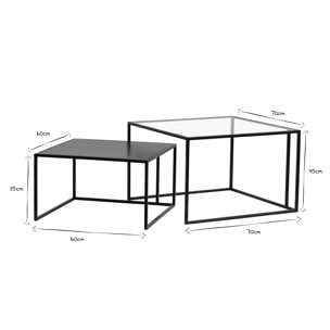 Tables basses gigognes carrées design verre trempé et métal noir (lot de 2) TAHL