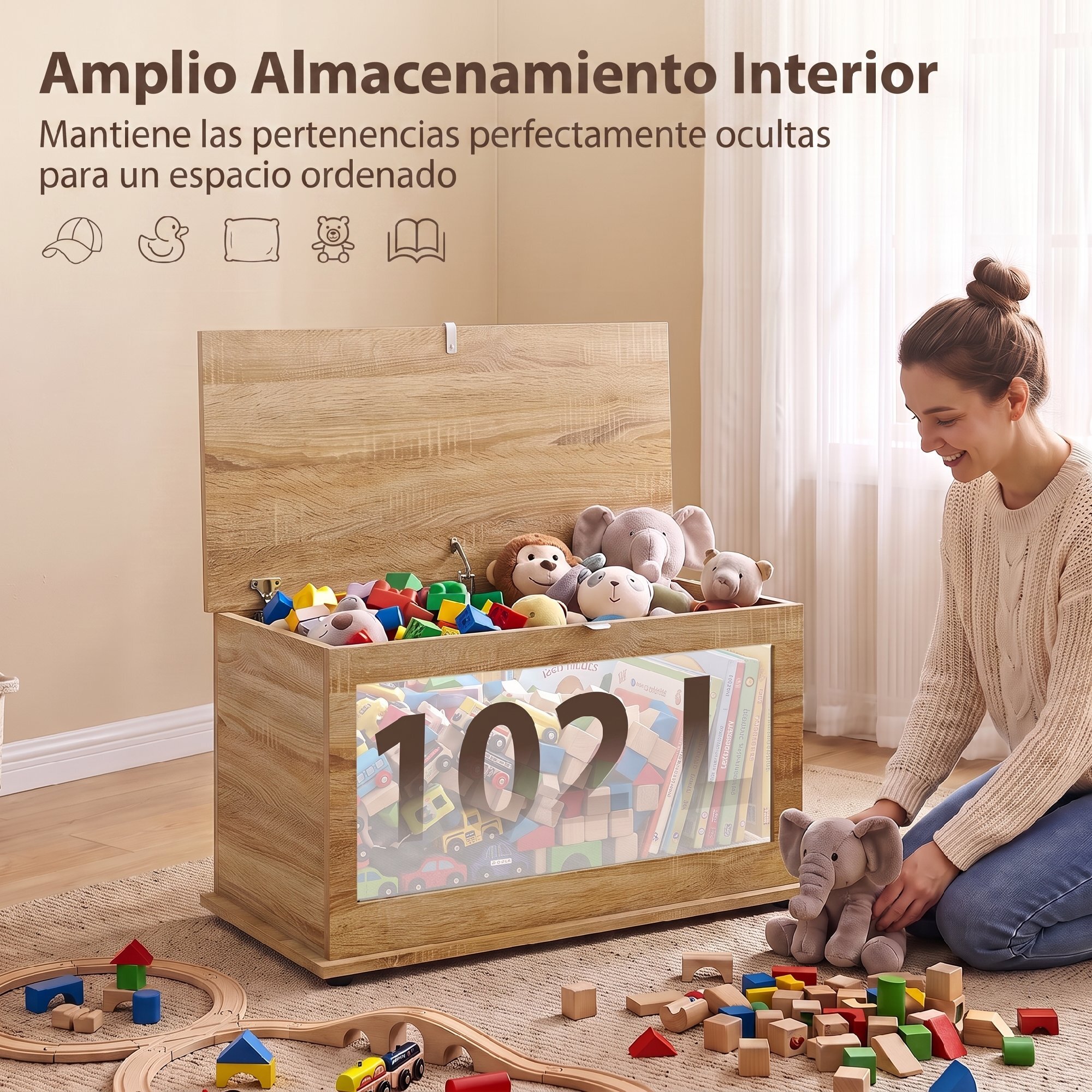 HOMCOM Baúl de Almacenaje 102L, Banco de Almacenaje, Banco Zapatero con Bisagra de Seguridad, Estilo Moderno, para Pasillo, Dormitorio, Recibidor, Salón, 80x40x45 cm, Roble
