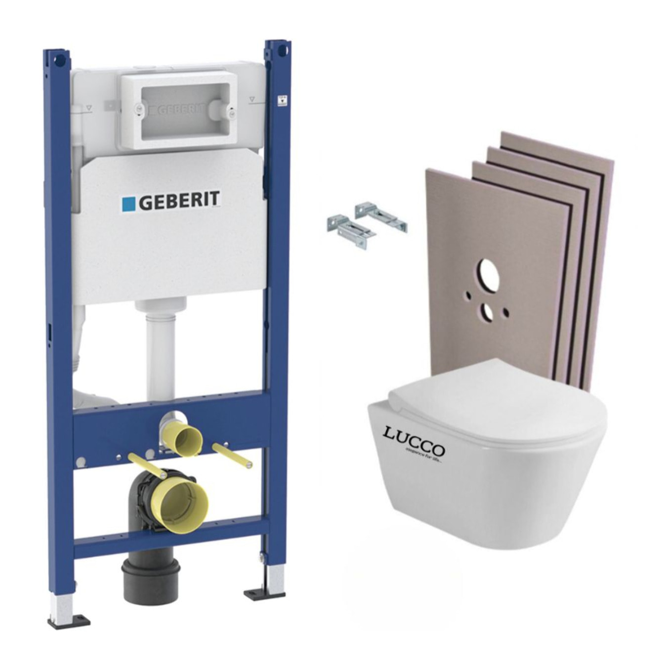 Pack WC Bati support Geberit + WC sans bride Lucco Avva + Abattant softclose + Plaque blanche + Set habillage (AvvaGeb3-sabo)