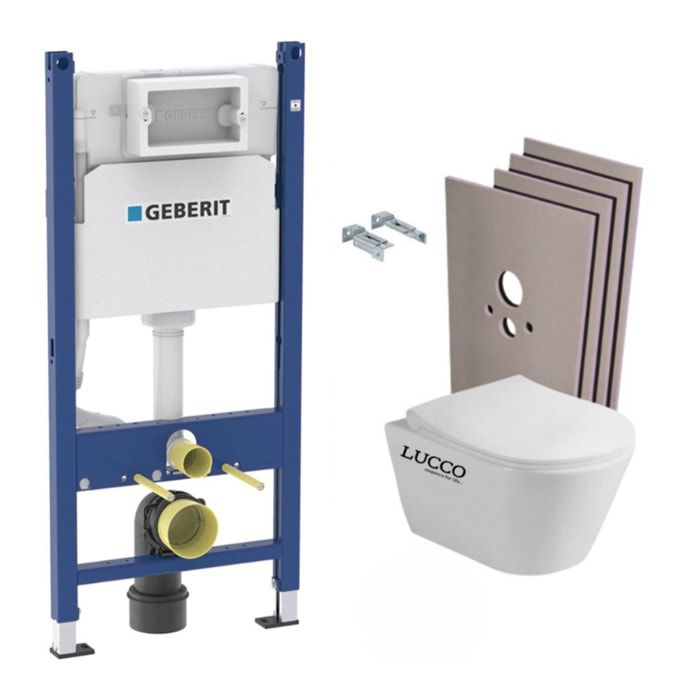 Pack WC Bati support Geberit + WC sans bride Lucco Avva + Abattant softclose + Plaque blanche + Set habillage (AvvaGeb3-sabo)
