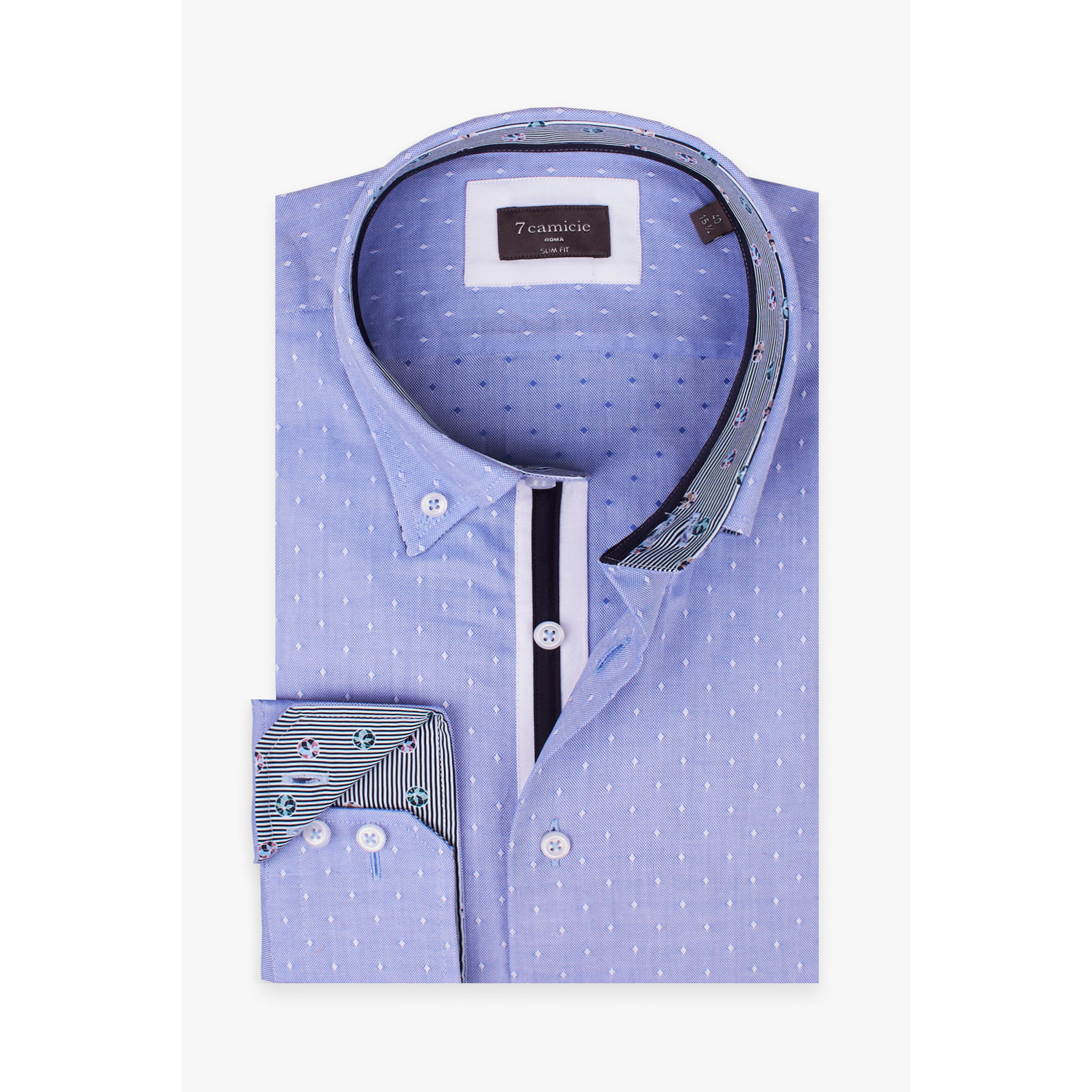 Camicia Uomo 2 Bottoni Button Down Slim Oxford Fantasia Blu Inchiostro\Bianco