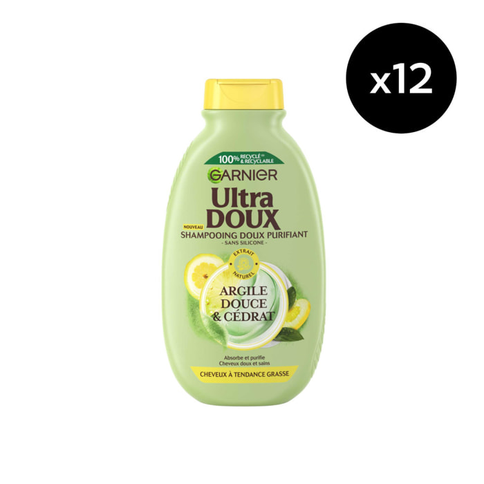 Lot de 12 - Garnier Ultra Doux Shampooing Purifiant argile douce & cédrat 300ml
