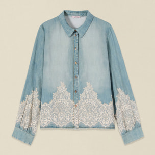 Oltre - Camicia effetto denim con pizzo - Azzurro