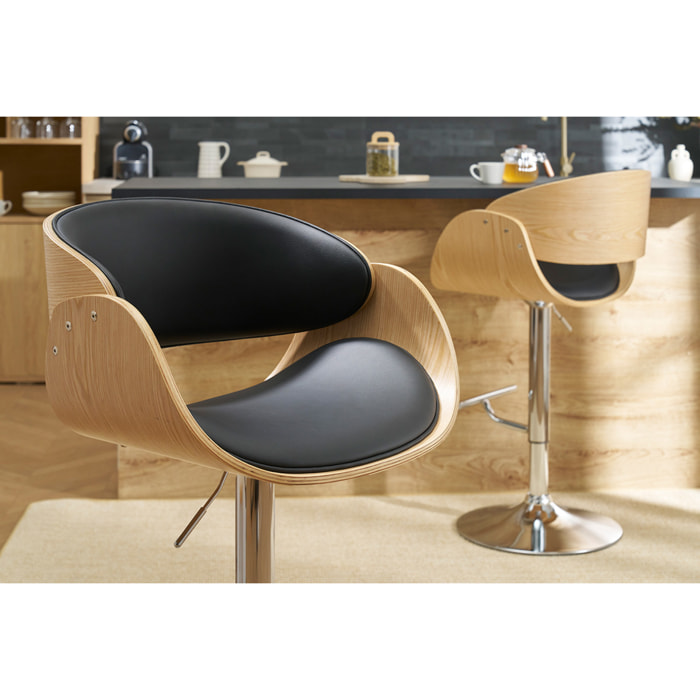 Tabouret de bar design réglable noir et bois clair BENT
