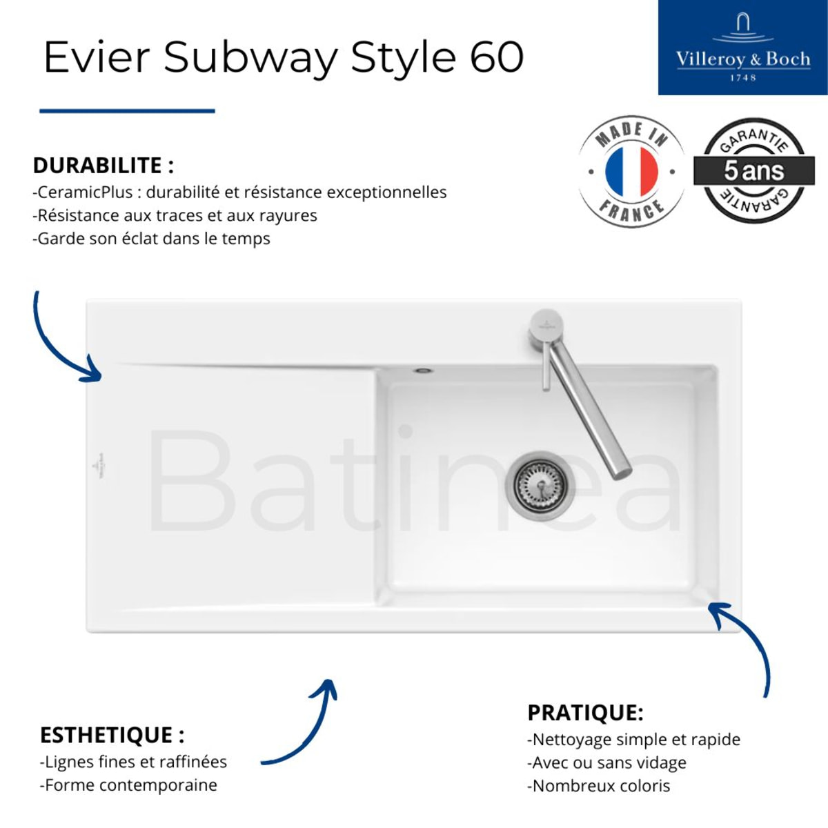 Evier a encastrer 1 bac Subway Style 60 egouttoir à droite vidage manuel Blanc CeramicPlus