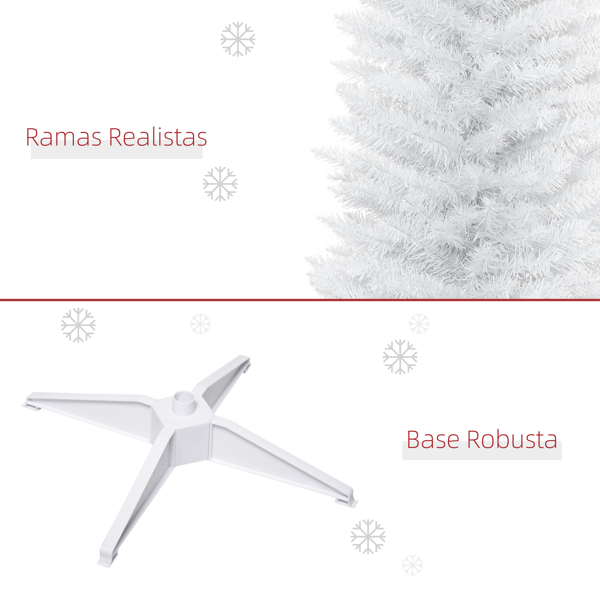 Árbol de Navidad Estrecho 210 cm, Árbol Artificial con 499 Ramas, Base de Plástico Desmontable, Fácil Montaje, para Salón Interior, Blanco
