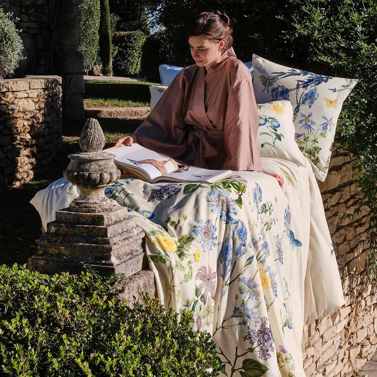 Housse de couette lin & coton lavé 130 g/m² imprimé bleu jaune Iris d'ete naturel