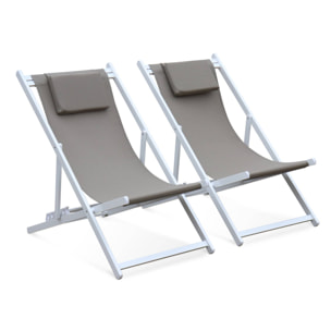 Lot de 2 bains de soleil - Gaia taupe - en aluminium blanc et textilene taupe avec coussin repose tête. chilienne