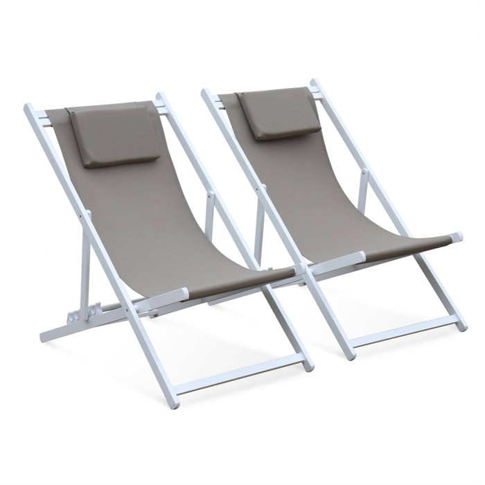 Lot de 2 bains de soleil - Gaia taupe - en aluminium blanc et textilene taupe avec coussin repose tête. chilienne