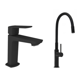 set mitigeur lavabo sans tirette + mitigeur de cuisine avec aérateur Neoperl®, noir mat (SATBS271C)