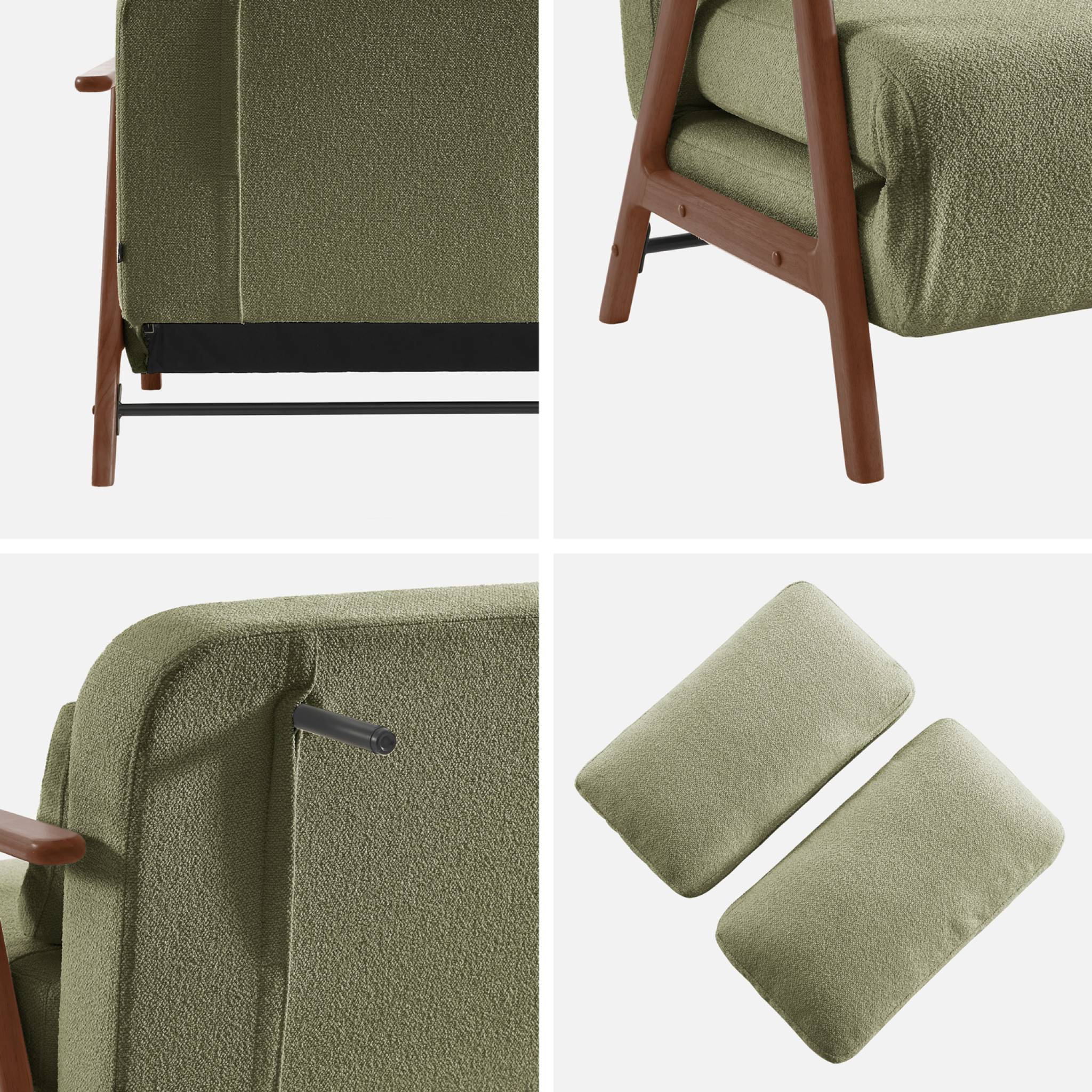 Banquette canapé convertible 2 places bois d'hévéa teinté noyer clair et bouclette texturée kaki L 133 x P 81 x 84cm - Sven