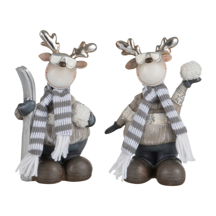 J-Line figurine de Noël Renne + Lunettes - polyrésine - blanc/gris - medium - 2 pcs