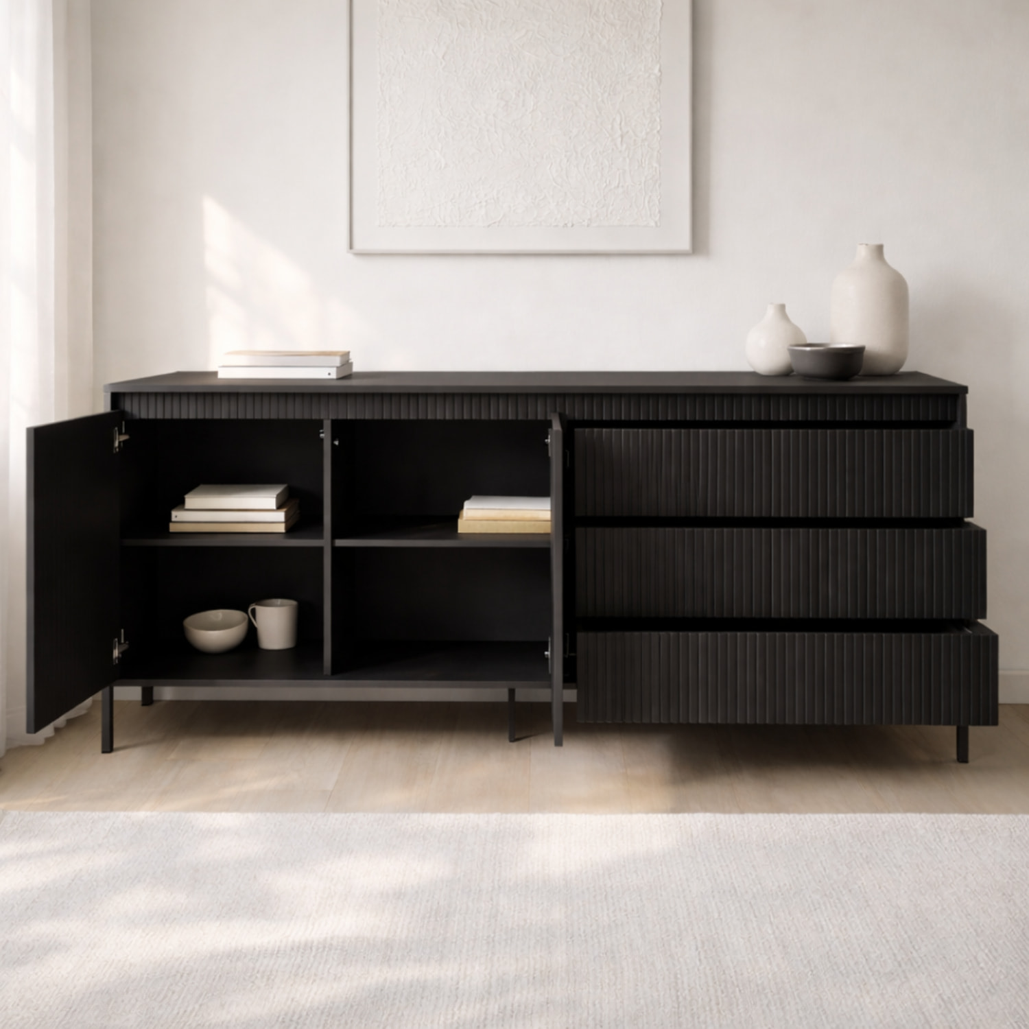 Madia Credenza 2 Ante 3 Cassetti Push To Open Con Ripiani E Vani Mobile Soggiorno Design Moderno Con Piedini In Metallo 187.1 x 81.4 x 39.5 Cm Nero