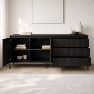 Madia Credenza 2 Ante 3 Cassetti Push To Open Con Ripiani E Vani Mobile Soggiorno Design Moderno Con Piedini In Metallo 187.1 x 81.4 x 39.5 Cm Nero