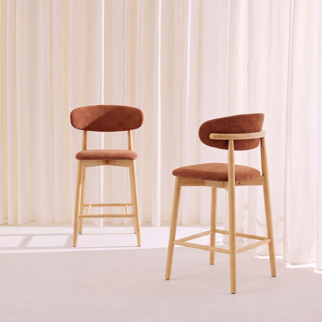 Tabouret de bar bois d'hévéa naturel et tissu chenille (lot de 2)  PAOLA