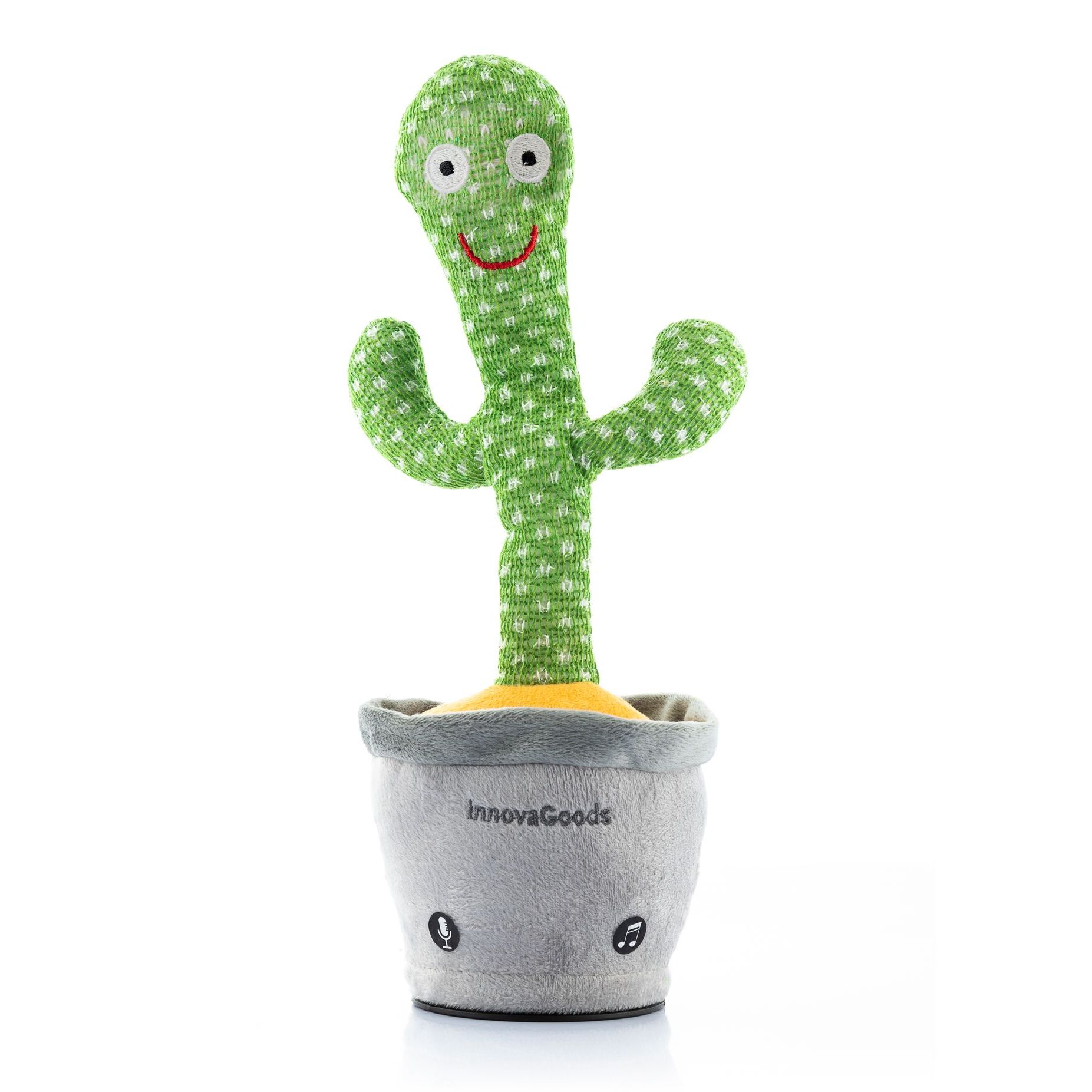 Cactus ballerino e chiacchierone ricaricabile con musica e LED - verde/grigio/giallo - 9 x 34 x 10