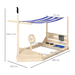 Arenero para Niños de Madera Arenero Infantil con Toldo Volante Juguetes de Cocina y Forma de Barco Pirata para Patio Jardín 180x103x144,5 cm Natural