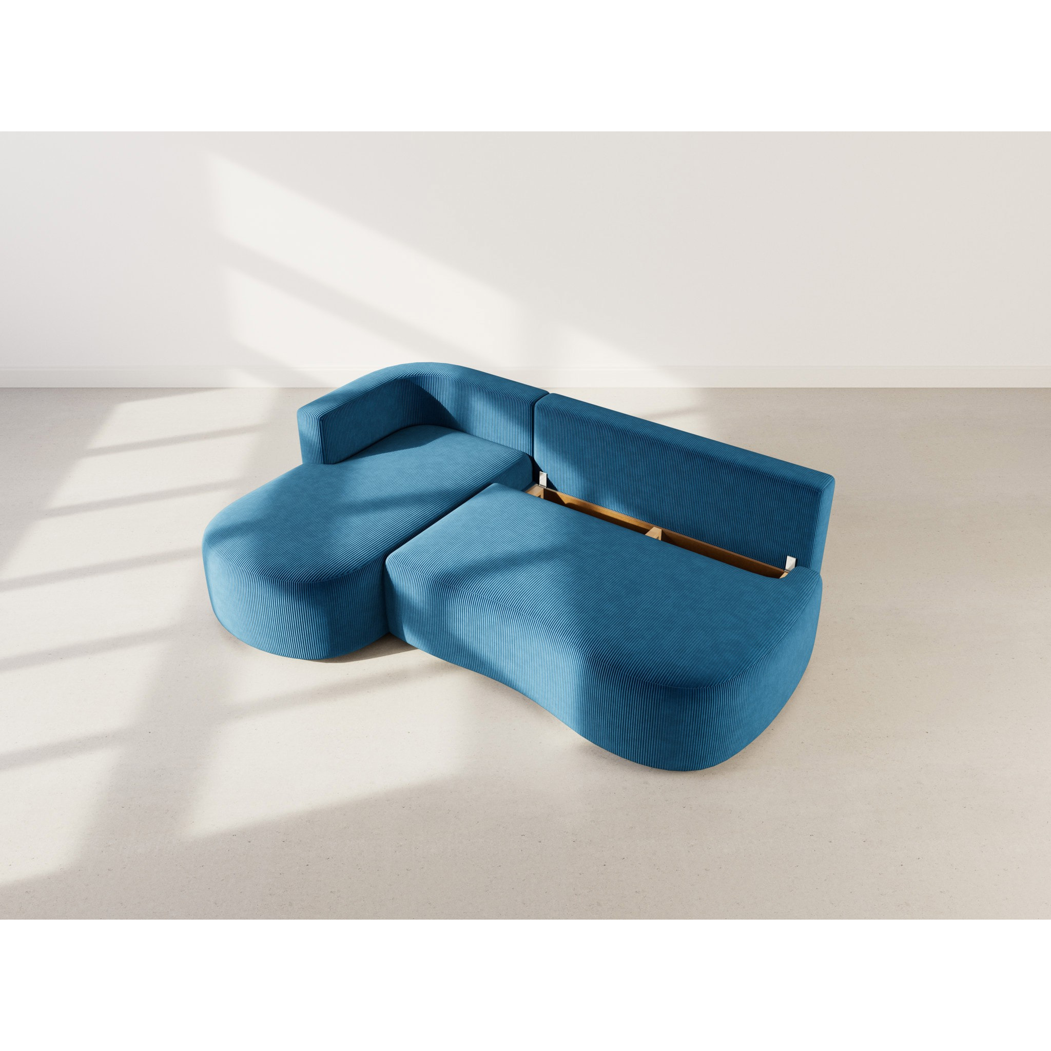 Mahina - canapé d'angle gauche 4 places convertible avec coffre en velours côtelé - Bleu