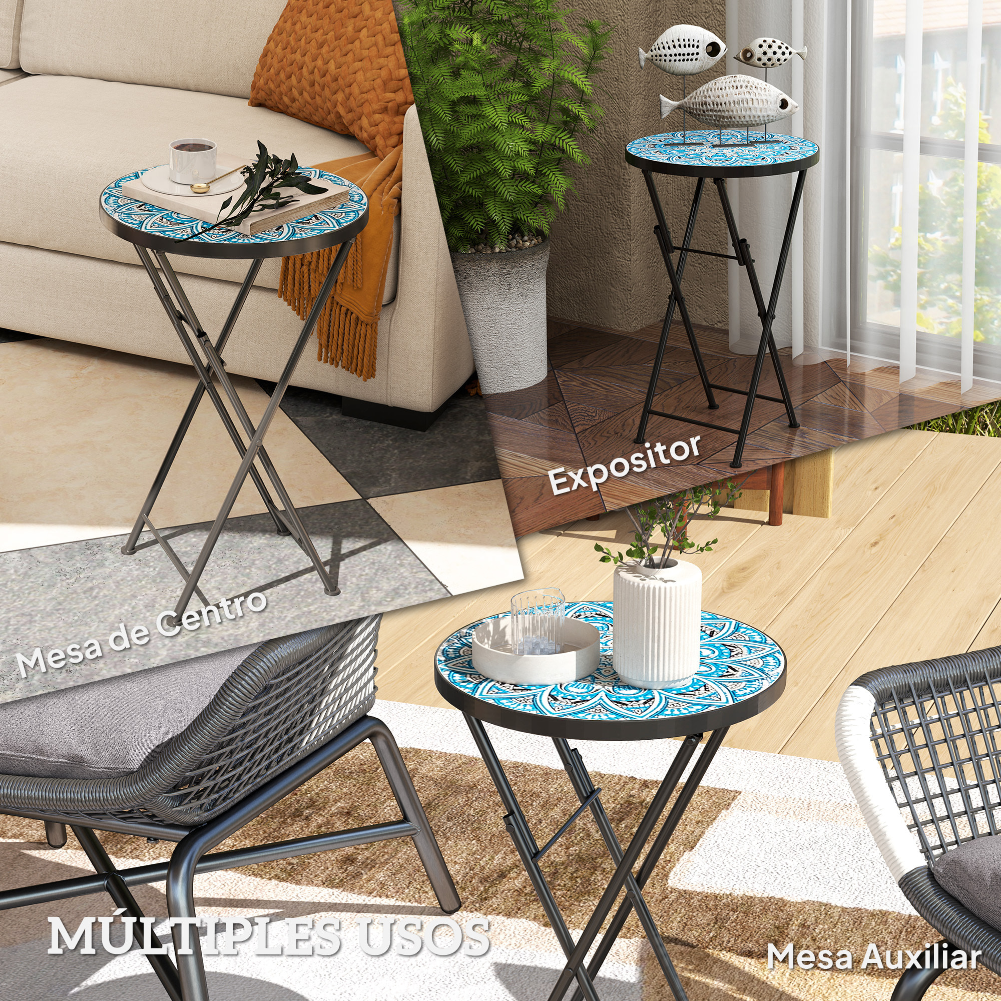 Mesa Auxiliar Redonda Mesa de Jardín Exterior Plegable con Encimera de Mosaico y Almohadillas Antideslizantes Mesa para Exterior Terraza Patio Ø35,5x55 cm Azul